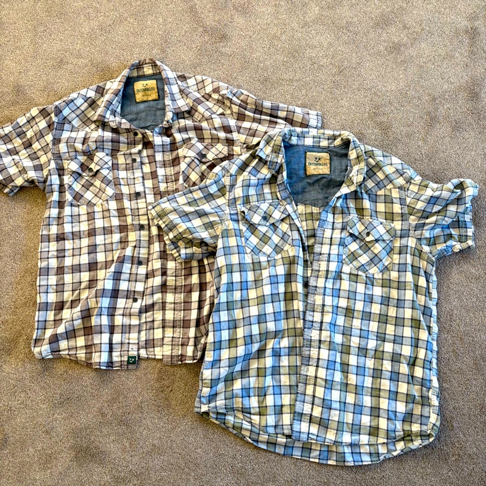 Men's Outdoor Life 2 Button down short sleeve shirts plaid sz L gray blue green